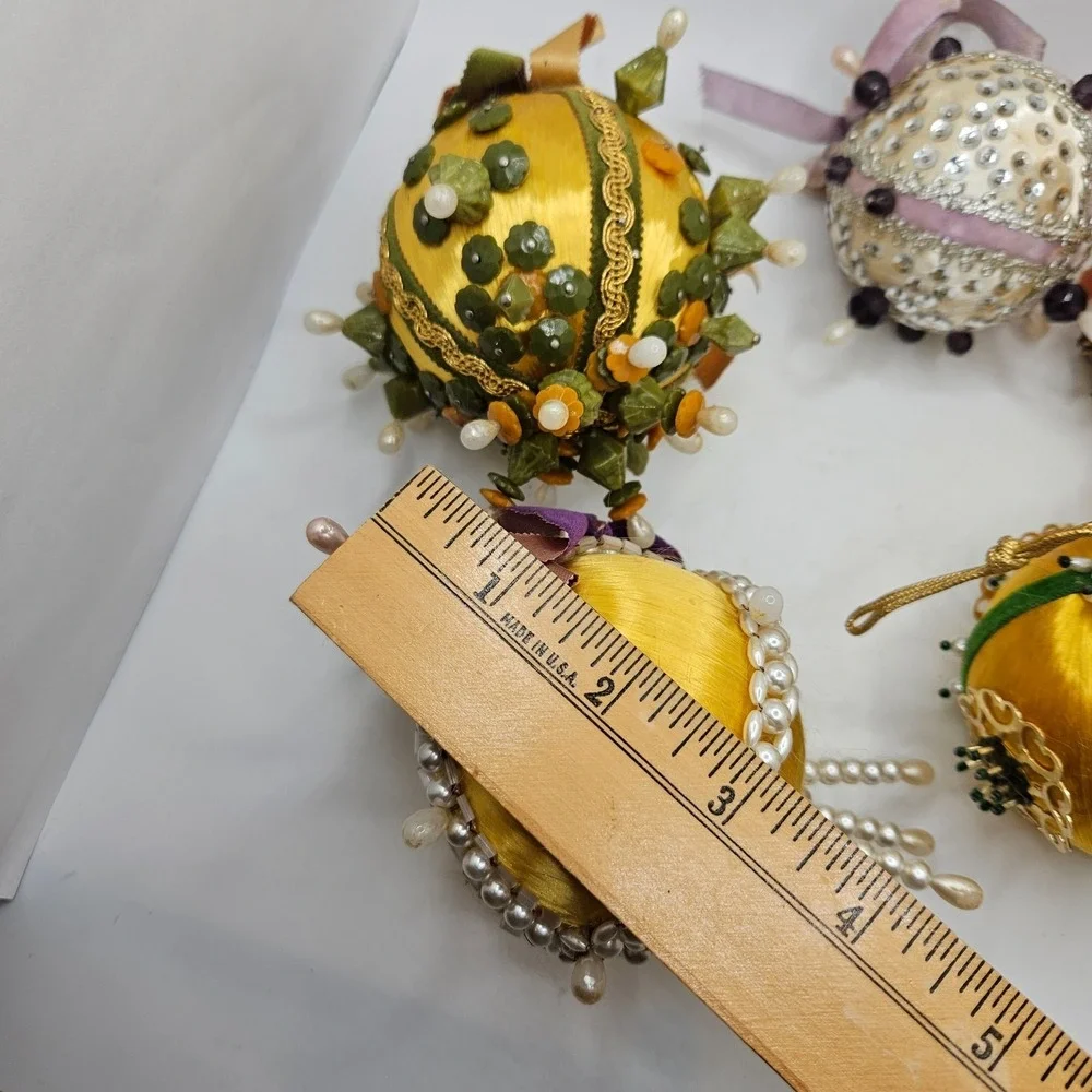 Vintage Handmade Satin Beaded Christmas Ornaments Lot of 5 Sequin Pearl Bead
